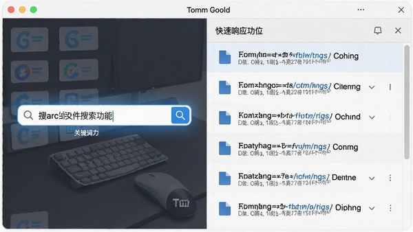 Tomm闪电文件搜索功能演示图，画面左侧为搜索框输入关键词，右侧以列表形式快速展示多个匹配的文件路径与名称，背景为干净的浅色界面，突出软件的快速响应特性