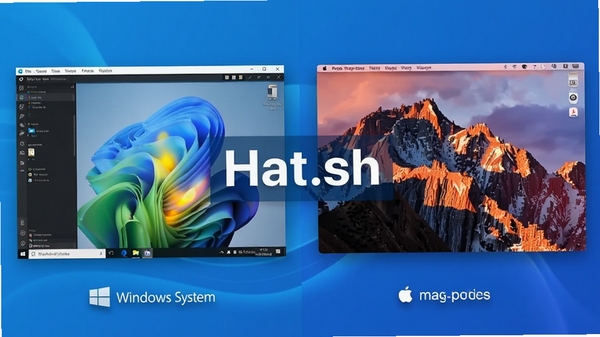 Hat.sh软件在不同桌面设备上运行的对比图，左侧为Windows系统界面，右侧为macOS风格界面，背景为渐变蓝色，突出跨平台特性，软件名称置于画面中央