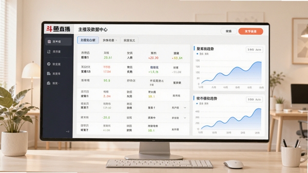 斗鱼直播数据统计界面示意图,画面展示主播后台数据中心,包含表格和趋势图,背景为浅色办公风格,突出数据可视化