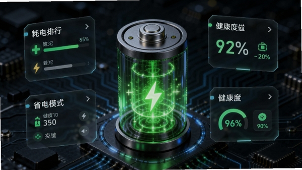 设备智慧管家电池管理功能概念图，画面中央是一个3D电池模型，内部显示绿色的能量核心，周围环绕着耗电排行、省电模式、健康度百分比等悬浮数据卡片，背景为深色科技电路板纹理，彰显智能监控与科学管理。