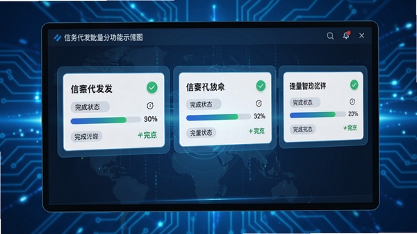 信蜂代发批量分发功能示意图,屏幕中展示多个任务卡片依次排列,带有进度条与完成状态标记,背景为蓝色科技感光效,强化智能处理概念,高清细节展示