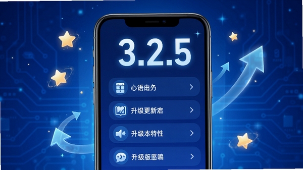 心语心愿版本更新示意图，手机屏幕显示新版本特性列表，背景为蓝色科技感，有“3.2.5”字样，周围有星星和箭头元素，整体风格简洁现代，突出升级优化主题