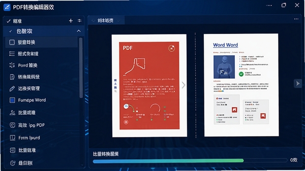 PDF转换编辑器软件界面截图，左侧为格式转换列表，右侧预览区域显示PDF与Word文档内容对比，下方为批量转换进度条，背景为深蓝色科技感界面，强调转换精准与高效，风格明亮清晰。