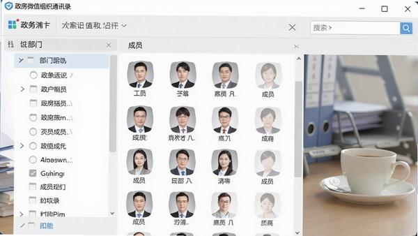 政务微信组织通讯录功能界面截图,展示部门列表与成员头像,右侧有搜索框,背景为办公桌面,有文件和茶杯,整体色调明亮,细节清晰。