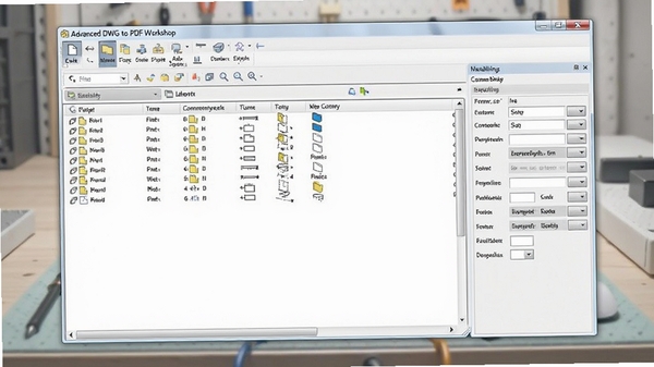 Advanced DWG to PDF Workshop软件界面预览图，展示主窗口、文件列表与转换设置面板，背景为浅色工作台，整体风格简洁专业