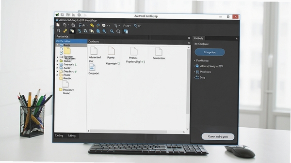 advanced dwg to pdf workshop主界面预览图,展示软件窗口、文件列表和转换按钮,背景为简洁的办公桌面,整体风格写实清晰