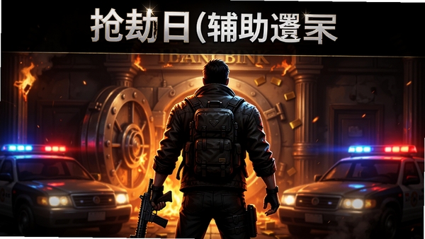 抢劫日(辅助菜单) 的游戏主视觉图，画面中央是手持武器的主角背影，背景是燃烧的银行金库与闪烁的警灯，整体色调偏暗，营造紧张刺激的犯罪氛围，横幅构图，高细节，游戏宣传图风格