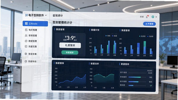 31电子签到软件主界面截图，展示清晰的签到管理后台，包含左侧功能导航栏和右侧签到数据统计区域，背景为现代化的办公环境，整体风格简洁明亮，科技感与商务感并存