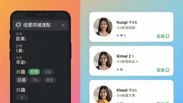 纽爱同城速配功能展示图，画面采用分屏设计，左侧是筛选条件面板，包含距离、年龄、兴趣标签，右侧是匹配到的用户卡片列表，每个卡片上都有头像和在线状态，背景为简约渐变色，风格扁平化，色彩明快