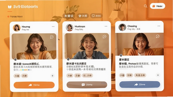 摩米硕社交社区界面预览,展示用户动态卡片、兴趣标签和互动按钮,背景为温馨的暖色调,体现社区的活跃与温暖,人物头像和内容卡片设计现代。