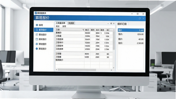 一张现代简约风格的电脑桌面截图，屏幕上清晰显示“算易报价”软件的主界面，界面包含左侧功能菜单、中部工程量清单表格和右侧报价汇总面板，背景为干净的办公室环境，整体色调以蓝白为主，突出软件的专业与高效，画面清晰，细节丰富，适合作为软件官方宣传图