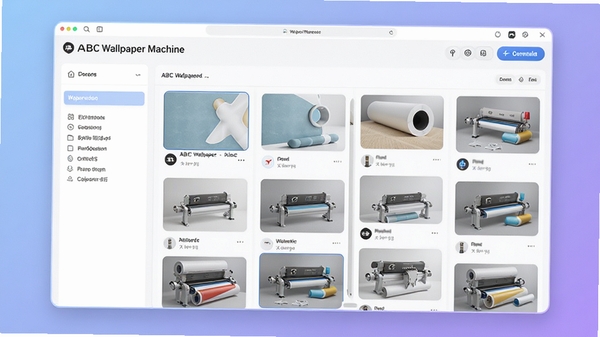ABC Wallpaper Machine主界面预览图,展示其整洁的壁纸管理面板和瀑布流缩略图浏览模式,背景为柔和的渐变蓝紫色,界面元素清晰明亮,整体风格现代且专业