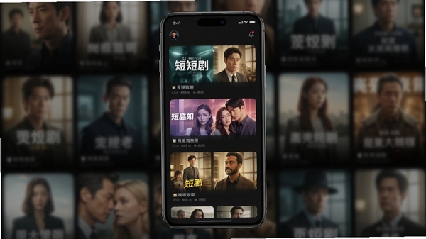 一灵短剧应用主界面预览图，手机屏幕内展示竖屏短剧列表，封面精美，界面采用深色主题，背景为模糊的剧照墙，画面主体为手机，居中构图，光影柔和，现代科技感