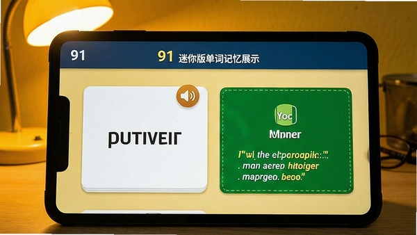 91英语(迷你版)单词记忆功能展示,屏幕中显示单词卡片正面与背面,带有发音图标和例句,背景为暖黄色调,突出学习氛围