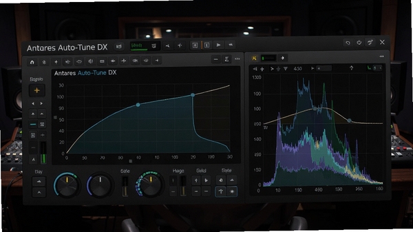 Antares Auto-Tune DX 音频处理软件界面预览图，显示主控面板、音高修正曲线图和频谱分析区域，背景为专业录音棚环境，整体色调深色且富有科技感