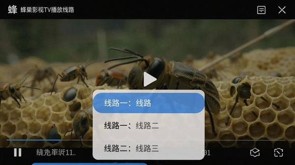 蜂巢影视TV播放线路切换界面截图,画面展示播放器底部弹出的线路选择菜单,列出“线路一、线路二、线路三”选项,背景为电影暂停画面,强调软件提供多线路解决卡顿问题