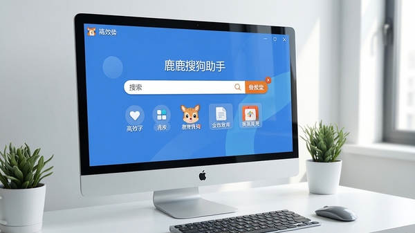 小鹿搜狗助手主界面全览，展示其简洁的搜索框与功能按钮布局，背景为现代简约的电脑桌面环境，整体画面清晰明亮，突出软件的易用性与高效性