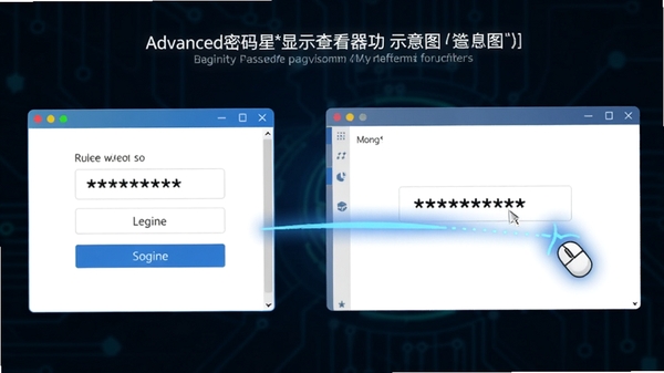 Advanced密码星号显示察看器功能示意图，画面左侧是带有星号密码的登录窗口，右侧是软件界面显示明文密码，用一条发光的连接线示意鼠标悬停即显示的过程，背景使用深色科技感渐变，突出软件的专业与高效。