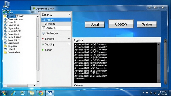 Advanced BAT to EXE Converter 软件主界面截图，左侧为文件列表与选项面板，右侧为转换按钮与日志输出区域，整体界面简洁清晰，采用Windows经典蓝白配色，背景为纯净的桌面环境，突出工具的专业性与实用性