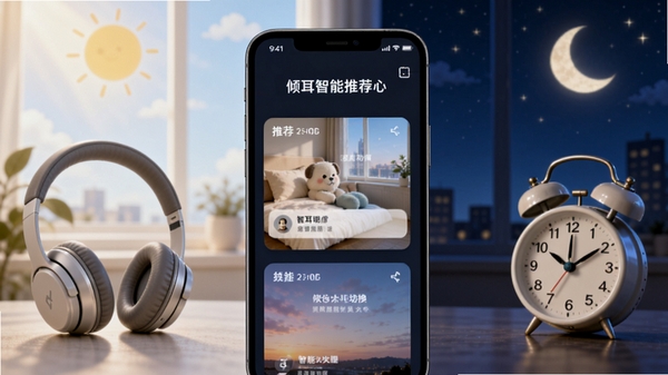 倾耳智能场景推荐功能示意图，手机界面展示不同时间段的推荐内容卡片，背景有白天和夜晚的对比色调，突出智能切换的主题，画面包含耳机和闹钟元素
