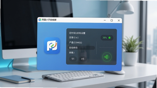 阿昌小子自动锁屏主界面预览图,展示简洁的工具窗口,包含定时设置面板和状态指示灯,背景为现代办公桌面场景,整体色调清爽,软件logo醒目,画面比例16:9