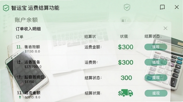智运宝运费结算功能界面截图,展示订单收入明细列表,包含每笔订单的运费金额、结算状态和提现按钮,顶部显示账户余额,背景为简洁的办公桌和手机、计算器等物品,突出财务管理的透明性和便捷性,画面采用淡绿色背景,给人安全可靠的印象。