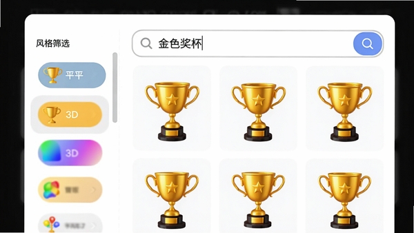 漂亮AI矢量图标软件AI智能搜索功能截图，画面中央为搜索框，输入“金色奖杯”，下方网格展示多个不同角度的3D金色奖杯图标，左侧有“风格筛选”选项栏，包含扁平、3D、渐变等标签，界面以白色为主色调，交互元素清晰，强调智能匹配的准确性