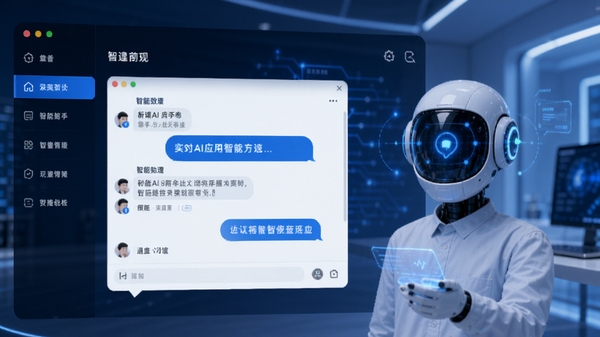 靠谱AI应用主界面,展示对话窗口与功能菜单,背景为现代简约风格,蓝色科技色调,突出智能助手形象