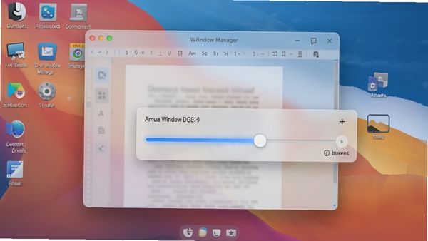 Actual Window Manager 窗口透明度调节功能演示图,前景为一个半透明的文档编辑窗口,背景为清晰可见的桌面图标与壁纸,画面展示透明度滑块调节界面,色调柔和,科技感强