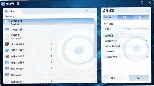 MP3合并器主界面预览图，展示简洁的软件操作面板，左半部分为文件列表区域，右半部分为合并设置选项，背景为深蓝色科技感渐变色调，整体画面清晰明亮，突出软件的易用性与专业性