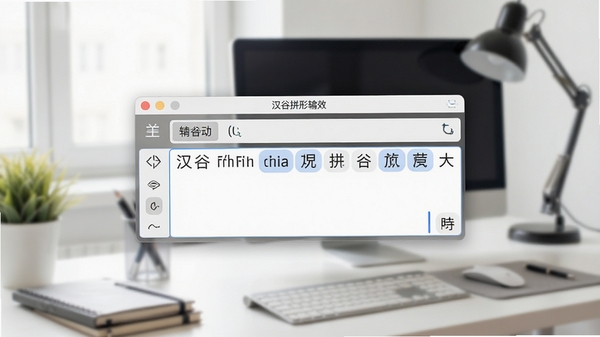 汉谷拼形输入法主界面，简洁的输入法状态栏悬浮在电脑桌面，背景为淡雅的办公环境，输入框显示拼音与候选字，画面清晰明亮，突出软件便捷高效的特点