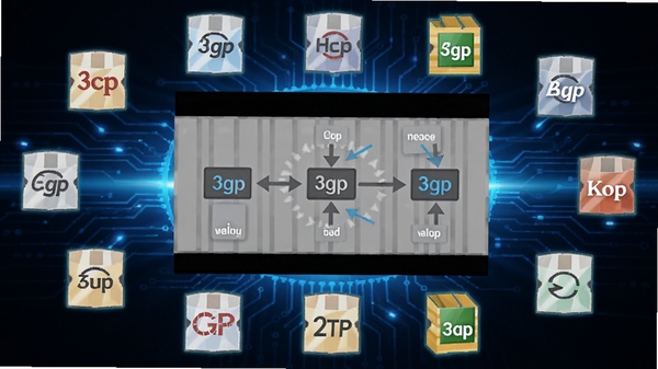 3gp播放器解码引擎工作示意图,画面中央显示视频解码流程,周围环绕各种编码格式图标,背景为科技感的蓝色光效