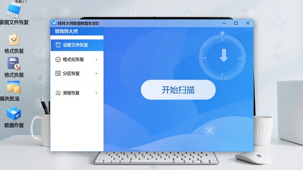 一款名为转转大师数据修复软件的桌面端数据恢复工具界面全貌，主窗口采用蓝白配色，左侧功能列表清晰展示“误删文件恢复”、“格式化恢复”、“分区恢复”等选项，中央区域有醒目的“开始扫描”按钮，背景为整洁的电脑桌面环境，整体风格现代、专业，画面细节丰富，突出软件的实用性与可靠性。