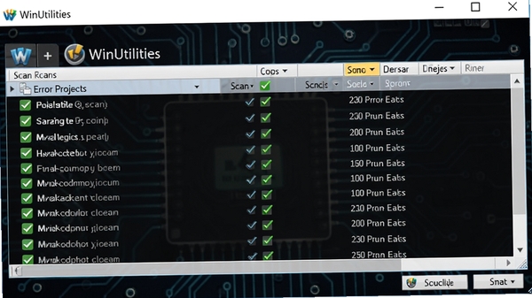 WinUtilities 注册表清理界面,展示扫描出的错误项目列表,包含绿色勾选标记待修复项,背景为深色电路板纹理,凸显技术感