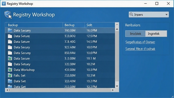 Registry Workshop备份还原界面，显示备份文件列表与还原选项，背景为简洁的蓝色调，强调数据安全与可靠性