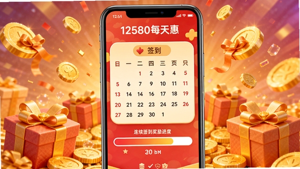 12580每天惠的签到领奖页面，手机屏幕中央显示签到日历和连续签到奖励进度条，背景为金色金币和礼物盒元素，整体氛围喜庆活泼，突出每日福利的吸引力