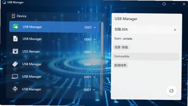 USB Manager主界面，左侧设备列表，右侧权限设置面板，现代简约风格，蓝色科技感背景，界面清晰，无文字