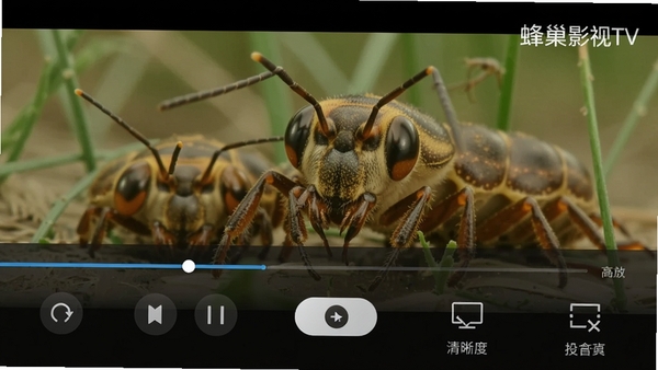 蜂巢影视TV高清播放界面特写,画面展示播放器控制栏,清晰显示倍速播放、清晰度切换、投屏等图标,背景为正在播放的清晰影视画面,强调播放器功能丰富与画质细腻,带有蜂巢影视TV水印