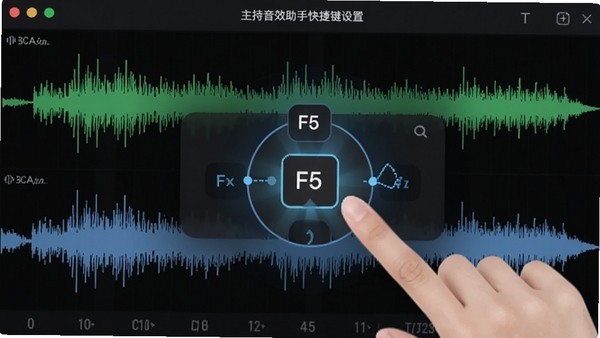 主持音效助手快捷键设置界面细节图,突出显示正在绑定F5键的动画效果,背景为音效波形图