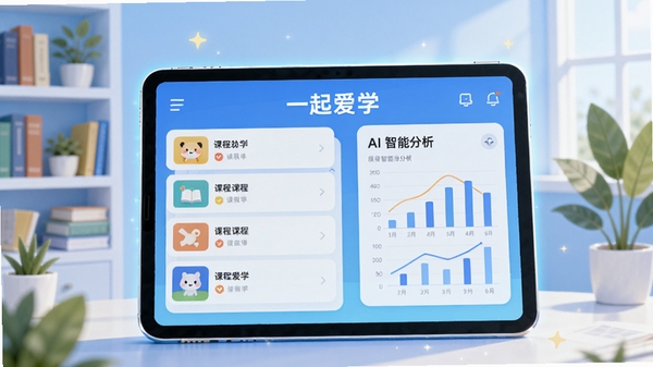 现代教育科技风格，画面中央是一块发光的平板电脑，屏幕上显示“一起爱学”APP主界面，左边是课程列表，右边是AI智能分析图表，背景是淡蓝色的学习场景，书架和绿植点缀，整体明亮充满希望感，风格扁平化，色彩饱和度适中，适合作为教育应用官方宣传图