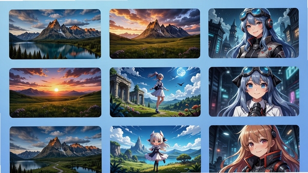 元壁纸高清壁纸资源库展示，画面中呈现多张高分辨率风景与动漫壁纸缩略图，色彩鲜艳，细节清晰，壁纸网格排列，背景柔和的渐变蓝色，整体视觉冲击力强，带有现代科技感