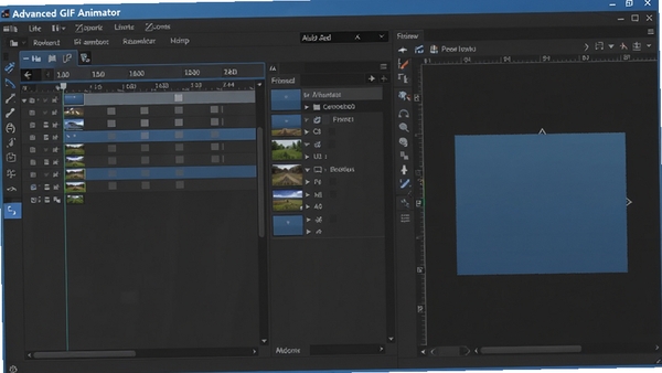 Advanced GIF Animator 软件主界面预览图，展示时间轴面板、帧列表和画布编辑区，界面布局清晰，色调以深灰与蓝色为主，整体风格专业且现代