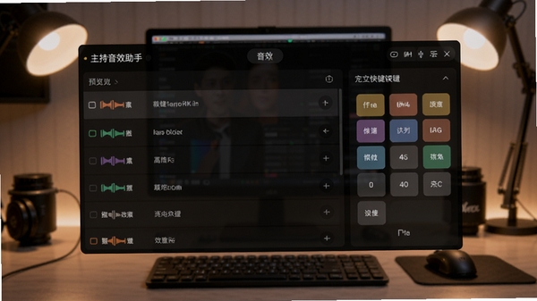 主持音效助手主界面预览图,展示整洁的音效列表和自定义快捷键设置面板,背景为带有柔和灯光的直播工作台场景
