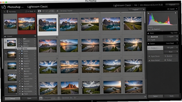 Adobe Photoshop Lightroom Classic 软件主界面预览图，左侧为图库导航面板，中间展示高分辨率风景照片网格，右侧显示直方图与调整面板，整体界面采用深灰色专业布局，细节清晰，光线柔和