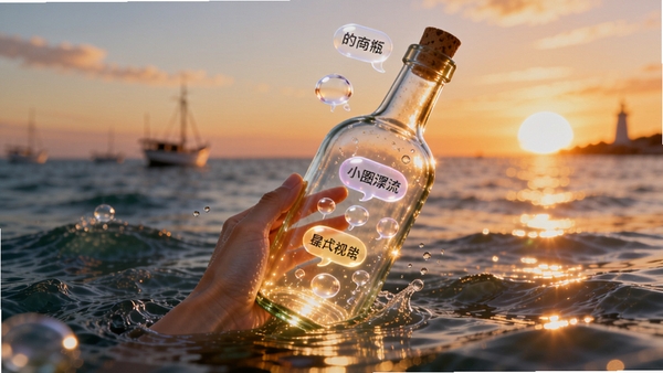 小圈漂流瓶随机捞瓶功能展示，界面中一只手从海水中捞起一个发光的玻璃瓶，瓶内飘出文字气泡，背景是波光粼粼的海面和远处的落日，画面充满期待与惊喜感，色彩明亮温暖，细节丰富