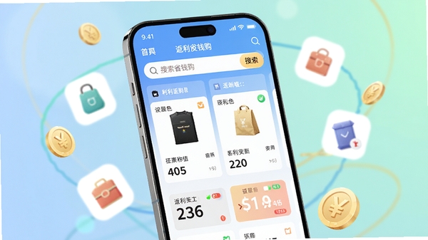返利省钱购主界面展示手机购物返利场景，画面中央是一部大屏智能手机，屏幕显示返利省钱购APP的首页，包含搜索框、商品卡片和返利金额数字，背景为柔和的渐变蓝色与浅绿色，商品图标和金币元素环绕，整体明亮清晰，电商风格，产品渲染图