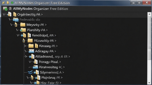 AllMyNotes Organizer Free Edition 的树状目录结构细节图,展示多层级分类的展开状态,每个节点都有清晰的图标和文字标签,突出其强大的信息组织能力。