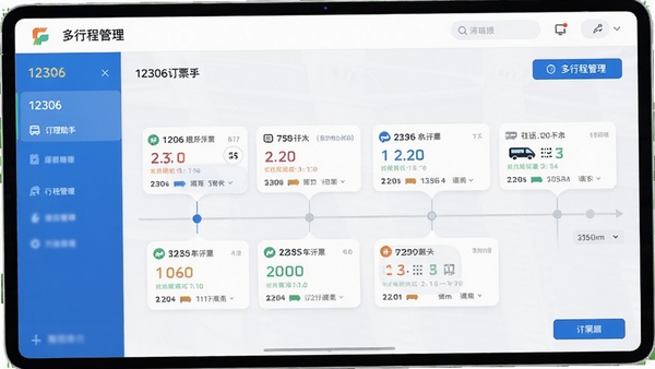 12306订票助手多行程管理界面,展示往返车票信息卡片,以时间线形式排列,界面美观,操作直观