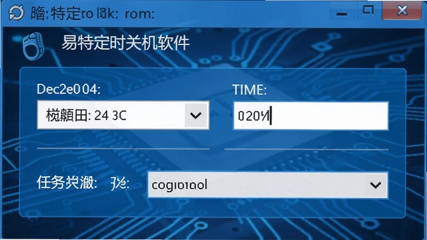 易特定时关机软件的定时设置界面，显示日期选择器、时间输入框和任务类型下拉菜单，界面采用蓝色主题，图标清晰，背景为抽象的科技感线条，突显软件的精准控制功能