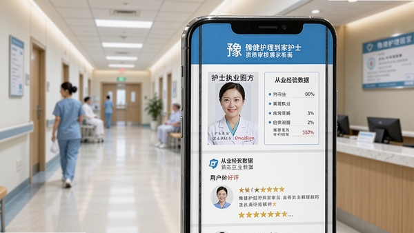 豫健护理到家护士资质审核展示界面，手机屏幕显示护士执业证书照片、从业经验数据、用户好评截图，背景为医院走廊或护理站，突出专业与信任感，画面清晰可信